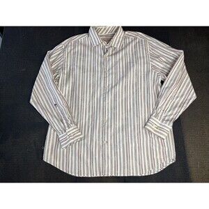 Tommy Bahama Shirt Mens L Brown Beige Striped Floral Cotton Silk Button‎ Up